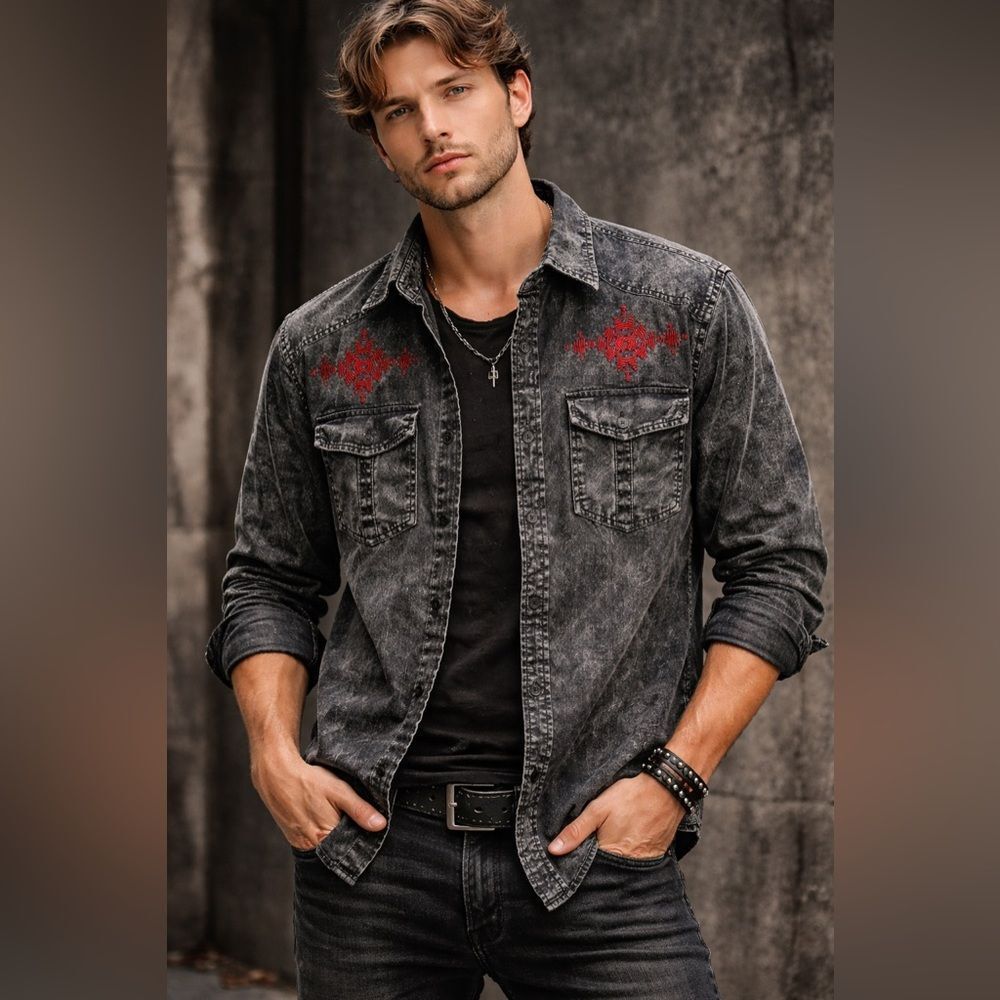Affliction Black Acid Wash Button Up Shirt Red Embroidered Crosses Mens